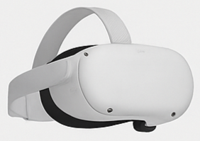 A person immersed in a vibrant VR game using the Oculus Quest 3 headset.