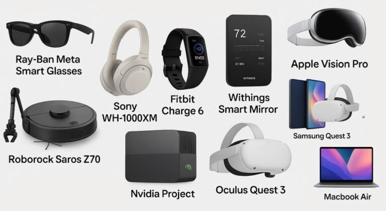 A collage of the top 10 trending tech products for 2025, including the Apple Vision Pro, Ray-Ban Meta Smart Glasses, Sony headphones, and a Roborock vacuum.